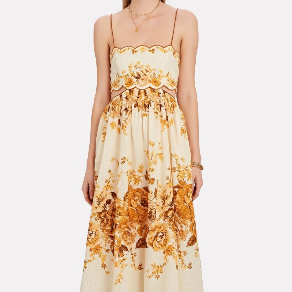Zimmermann AU 0 Aliane Scallop Floral Midi Dress - Multi/Yellow